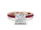 Rose gold Princess Cut Diamond Pave Band Solitaire Ring with Round with Garnet side stone and Prong Setting_12