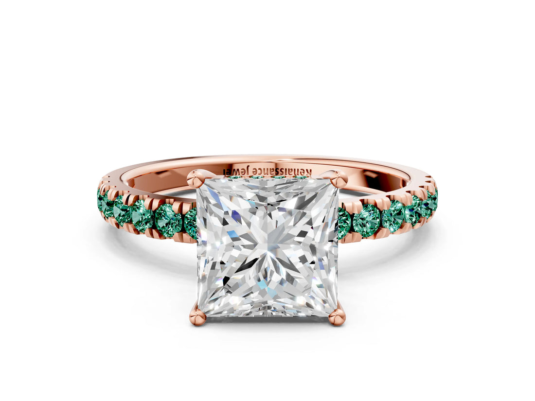 Rose gold Princess Cut Diamond Pave Band Solitaire Ring with Round with Green Sapphire side stone and Prong Setting_24