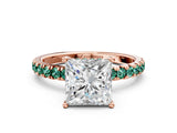 Rose gold Princess Cut Diamond Pave Band Solitaire Ring with Round with Green Sapphire side stone and Prong Setting_24