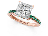 Rose gold Princess Cut Diamond Pave Band Solitaire Ring with Round with Green Sapphire side stone and Prong Setting_25