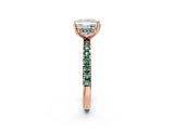 Rose gold Princess Cut Diamond Pave Band Solitaire Ring with Round with Green Sapphire side stone and Prong Setting_26