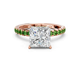 Rose gold Princess Cut Diamond Pave Band Solitaire Ring with Round with Peridot side stone and Prong Setting