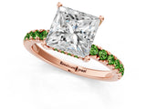 Rose gold Princess Cut Diamond Pave Band Solitaire Ring with Round with Peridot side stone and Prong Setting_1