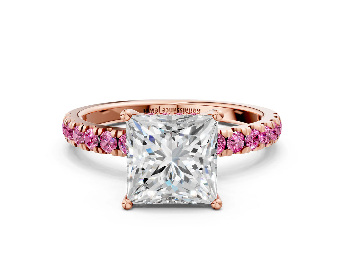 Rose gold Princess Cut Diamond Pave Band Solitaire Ring with Round with Pink Sapphire side stone and Prong Setting_12
