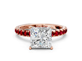 Rose gold Princess Cut Diamond Pave Band Solitaire Ring with Round with Ruby side stone and Prong Setting_12