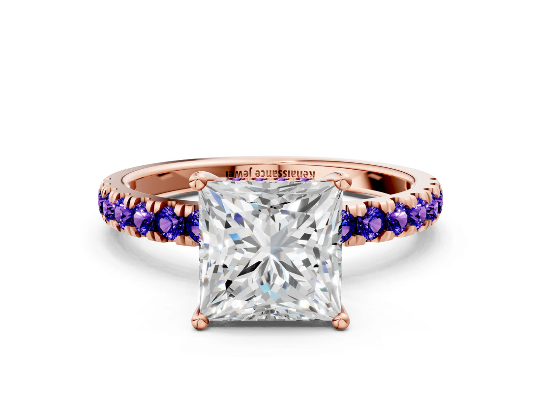 Rose gold Princess Cut Diamond Pave Band Solitaire Ring with Round with Tanzanite side stone and Prong Setting