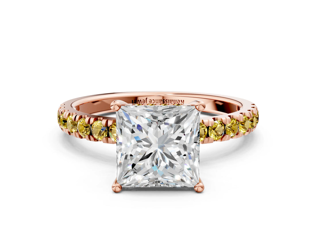 Rose gold Princess Cut Diamond Pave Band Solitaire Ring with Round with Yellow Sapphire side stone and Prong Setting_12