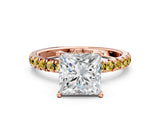 Rose gold Princess Cut Diamond Pave Band Solitaire Ring with Round with Yellow Sapphire side stone and Prong Setting_12