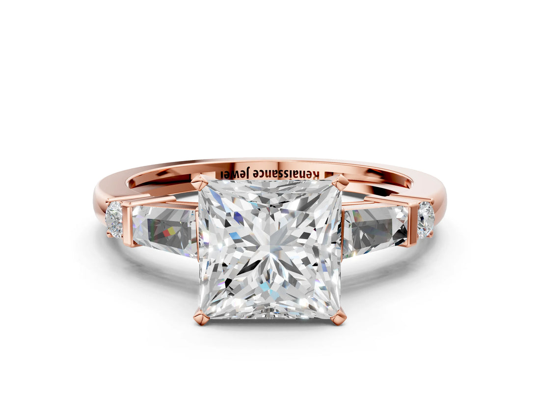 Rose gold Princess Cut Diamond Ring with Baguette Side Stones, Channel Set Band, and Four-Prong Setting_25