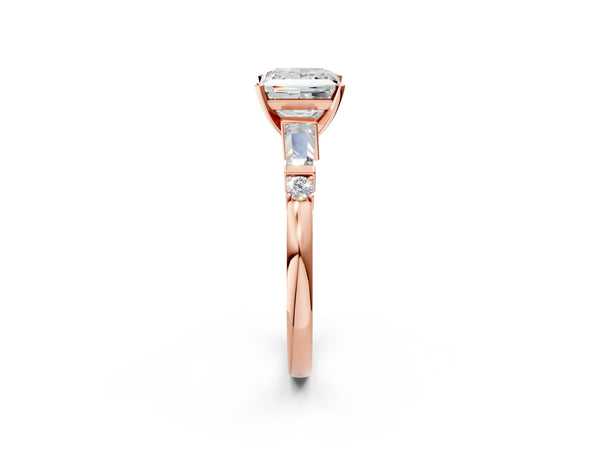 Rose Gold Princess Cut Three Stone Engagement Ring Setting with Bar Set Tapered Baguettes