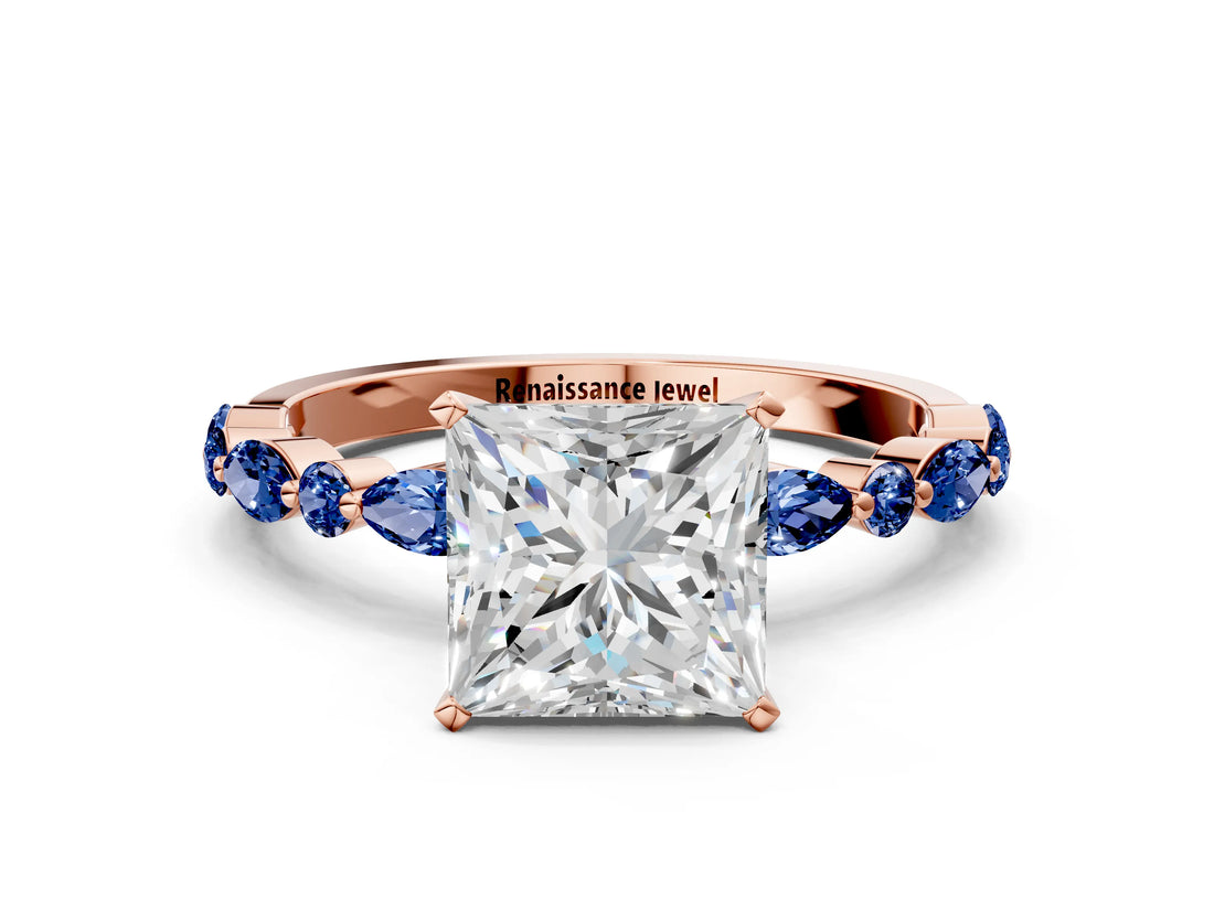 Rose gold Princess Cut Diamond Ring with Marquise and Round with Blue Sapphire side stone Side Stones and Four-Prong Setting_48