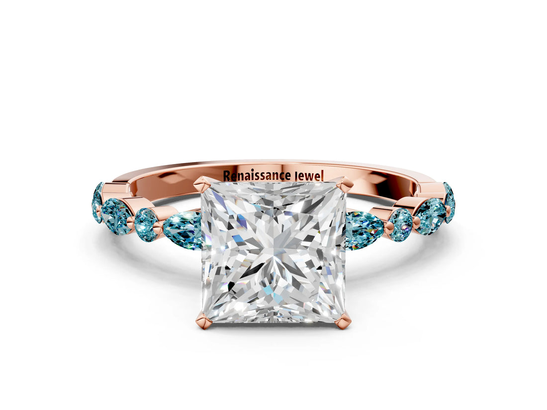 Rose gold Princess Cut Diamond Ring with Marquise and Round with Blue Topaz side stone Side Stones and Four-Prong Setting_24