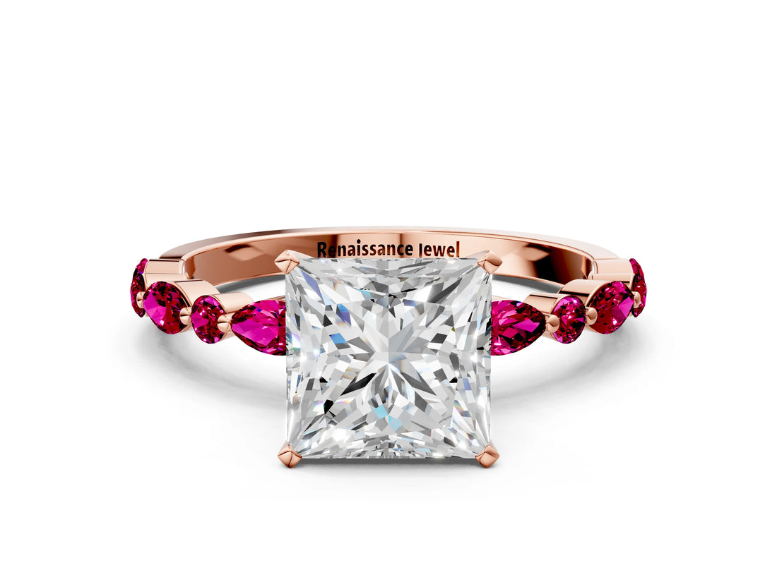 Rose gold Princess Cut Diamond Ring with Marquise and Round with Garnet side stone Side Stones and Four-Prong Setting_36