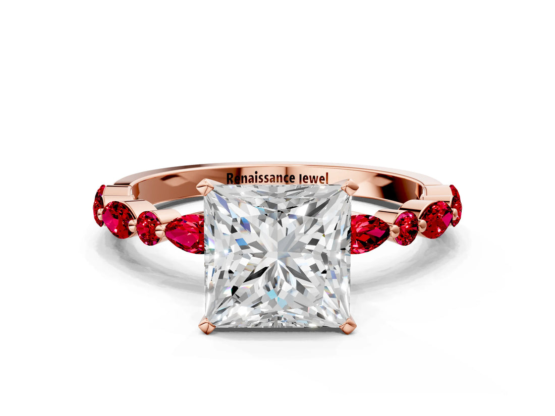 Rose gold Princess Cut Diamond Ring with Marquise and Round with Ruby side stone Side Stones and Four-Prong Setting_36