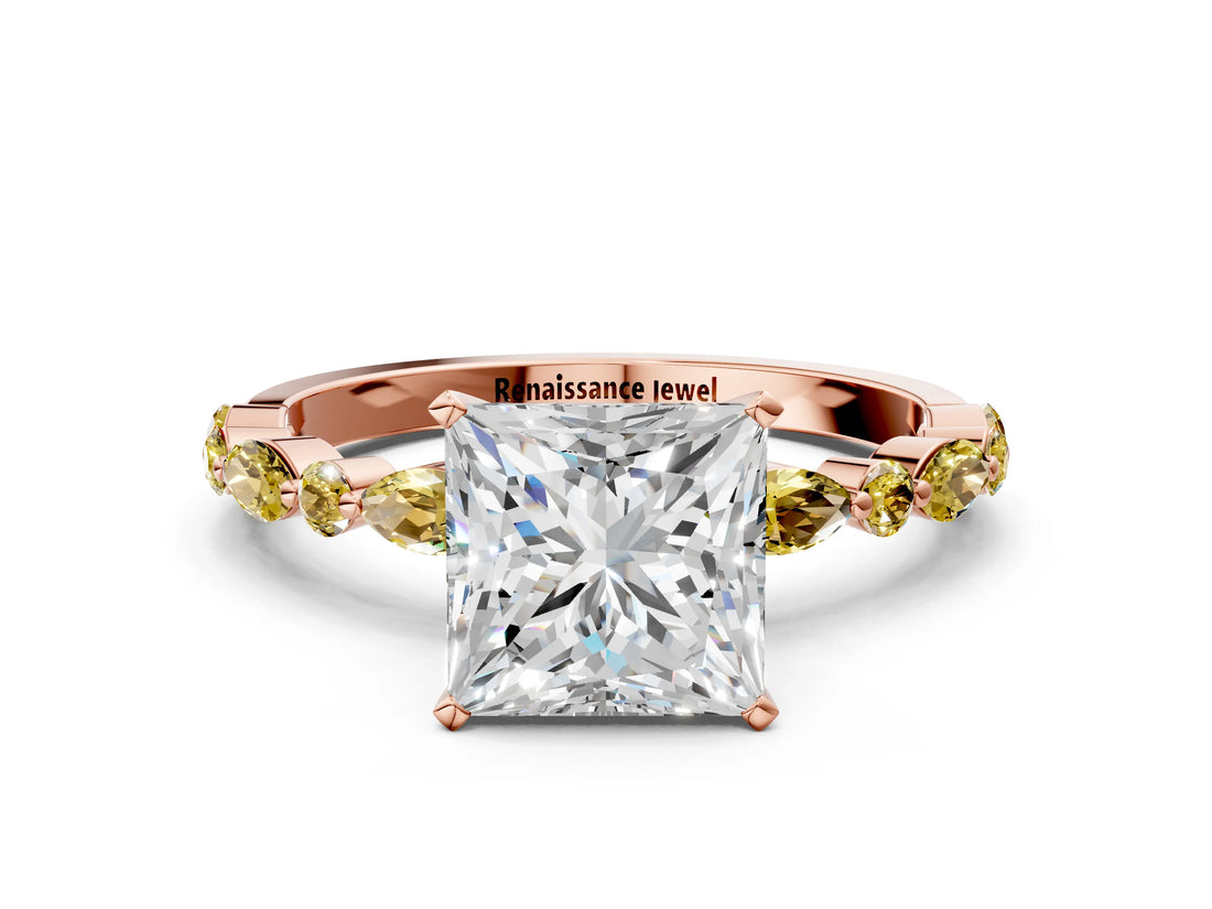 Rose gold Princess Cut Diamond Ring with Marquise and Round with Yellow Sapphire side stone Side Stones and Four-Prong Setting_24