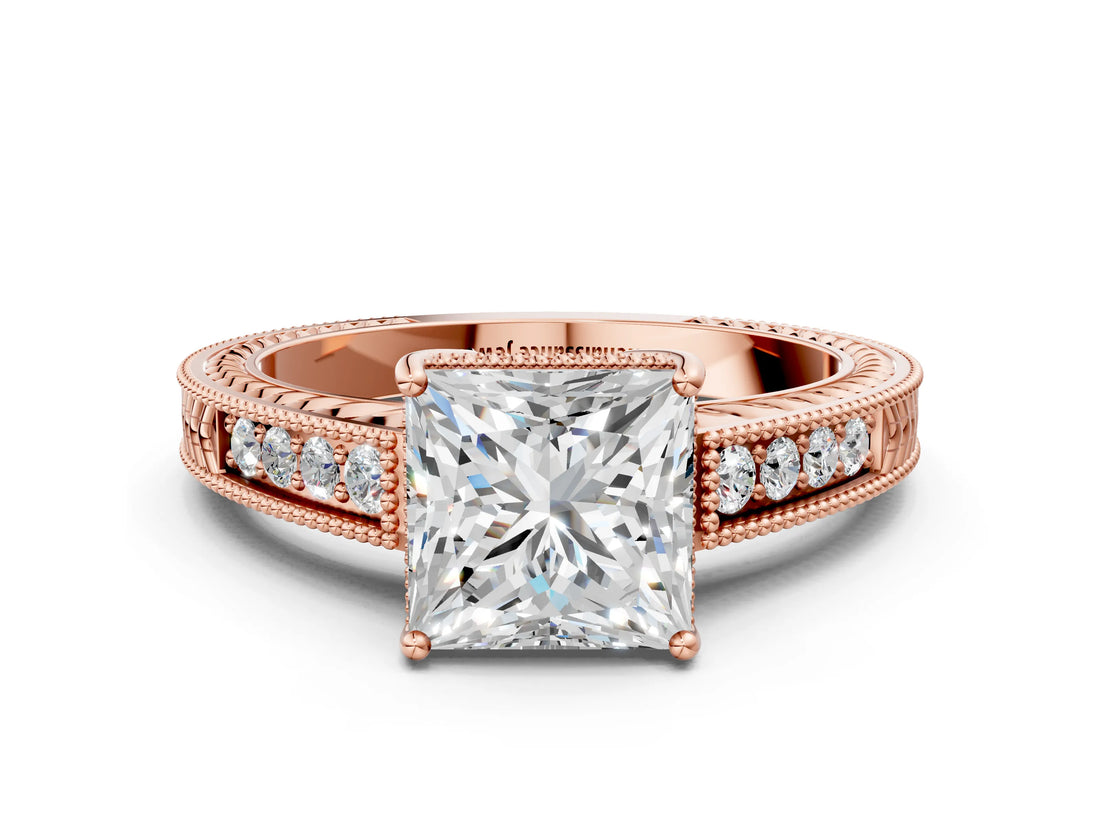 Rose gold Princess Cut Diamond Ring with Milgrain Pavé Band and Four-Prong Setting_24