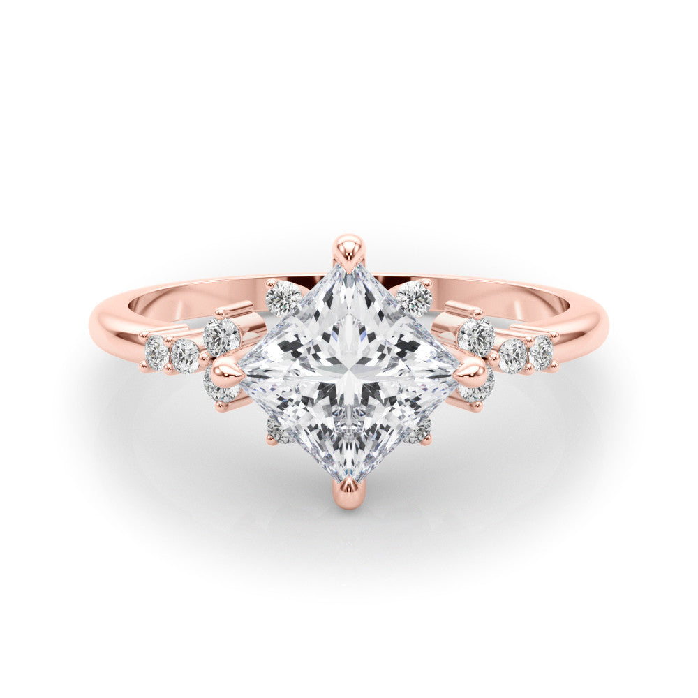 Rose gold Princess Cut Diamond Ring with Side Stones on a White Gold Band and Four-Prong Setting 1