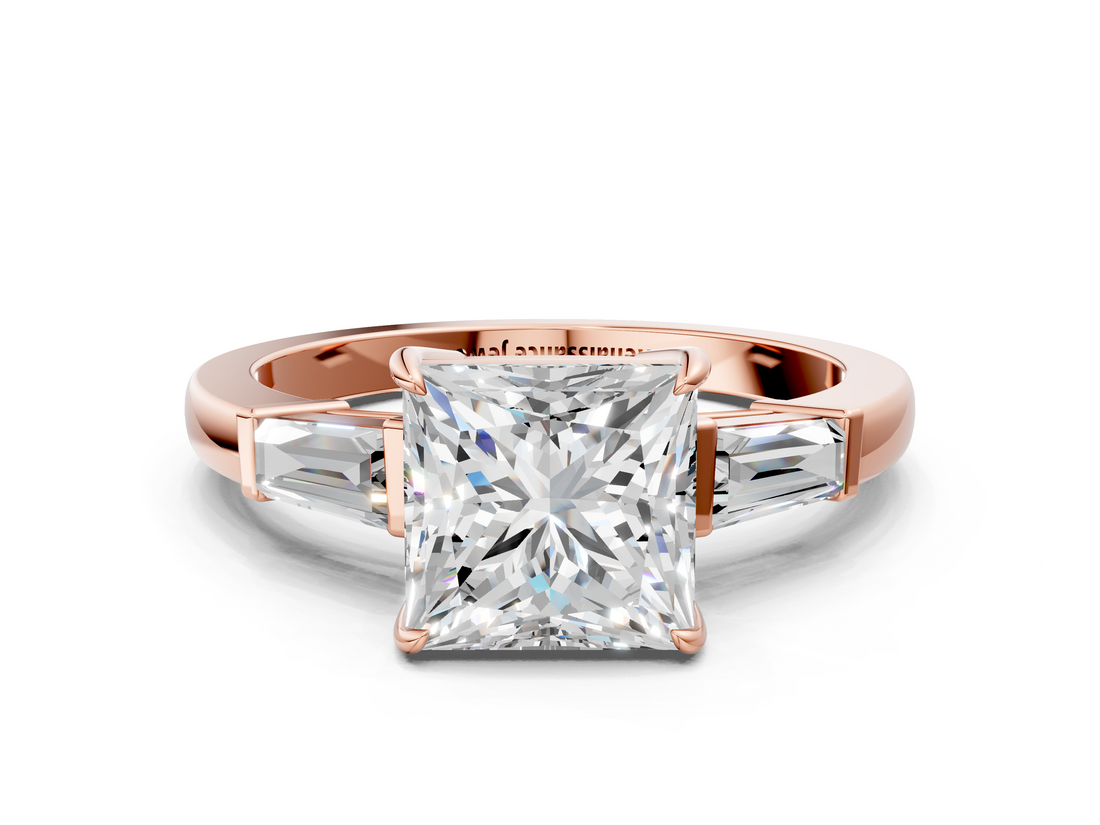 Rose gold Princess Cut Diamond Ring with Tapered Baguette Side Stones in Four-Prong Setting_16