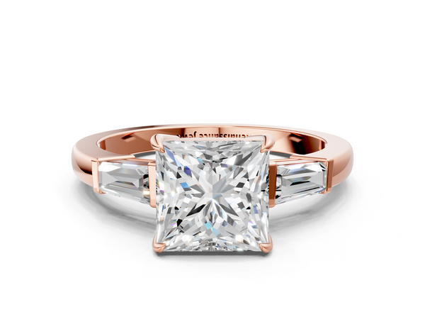 Rose gold Princess Cut Diamond Ring with Tapered Baguette Side Stones in Four-Prong Setting