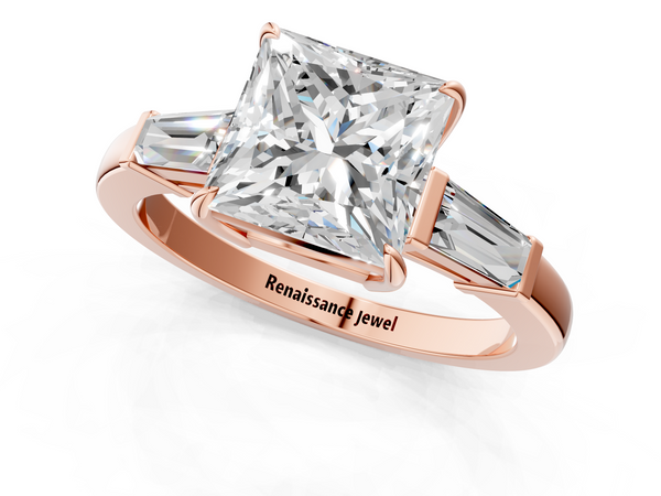 Rose gold Princess Cut Diamond Ring with Tapered Baguette Side Stones in Four-Prong Setting
