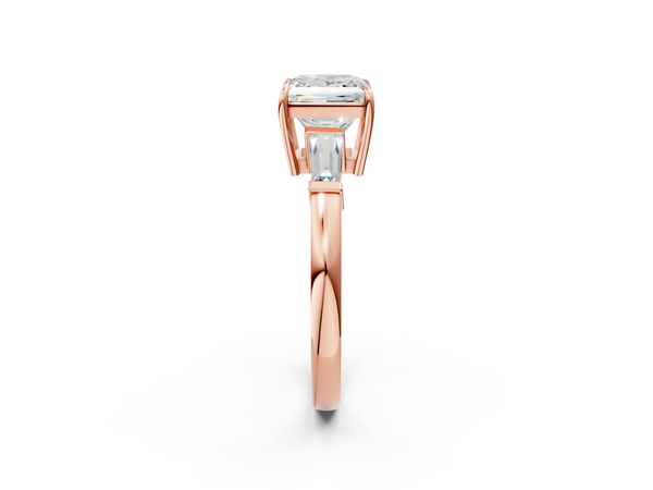Rose gold Princess Cut Diamond Ring with Tapered Baguette Side Stones in Four-Prong Setting