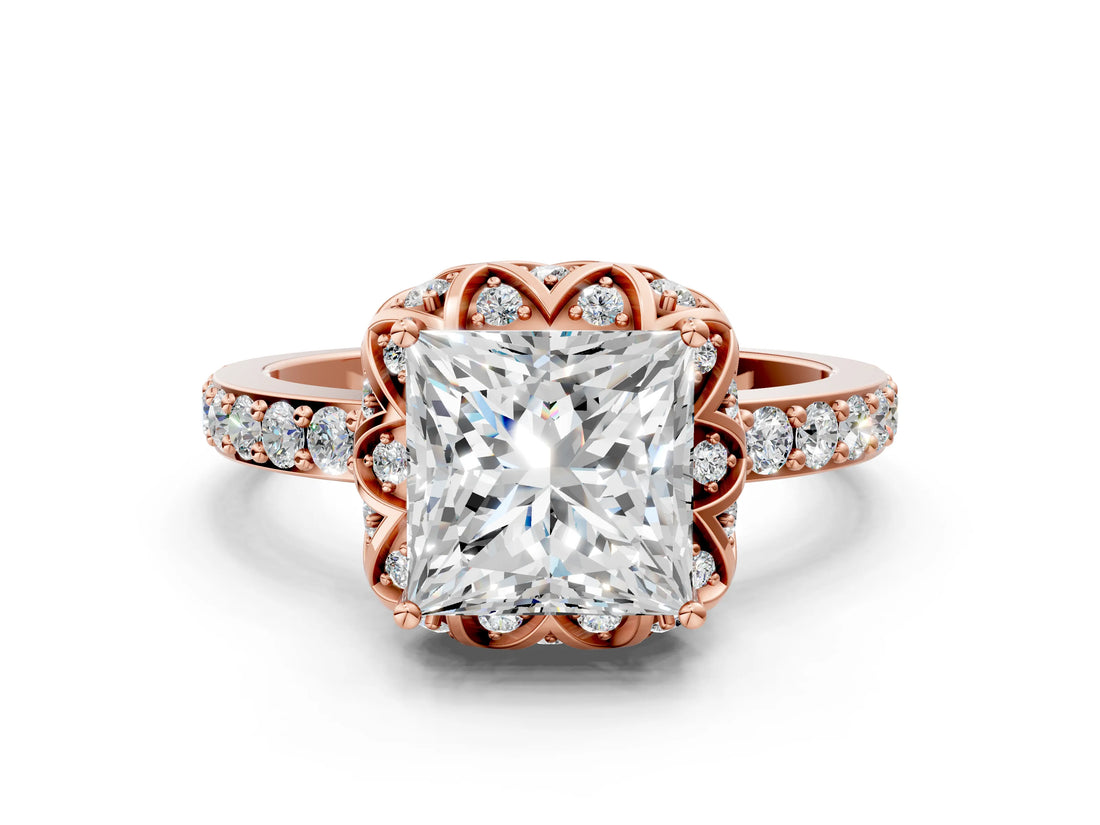 Rose gold Princess Cut Diamond Scalloped Halo Engagement Ring with Round Shared Prong Band_12
