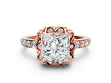 Rose gold Princess Cut Diamond Scalloped Halo Engagement Ring with Round Shared Prong Band_12