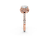 Rose gold Princess Cut Diamond Scalloped Halo Engagement Ring with Round Shared Prong Band_14