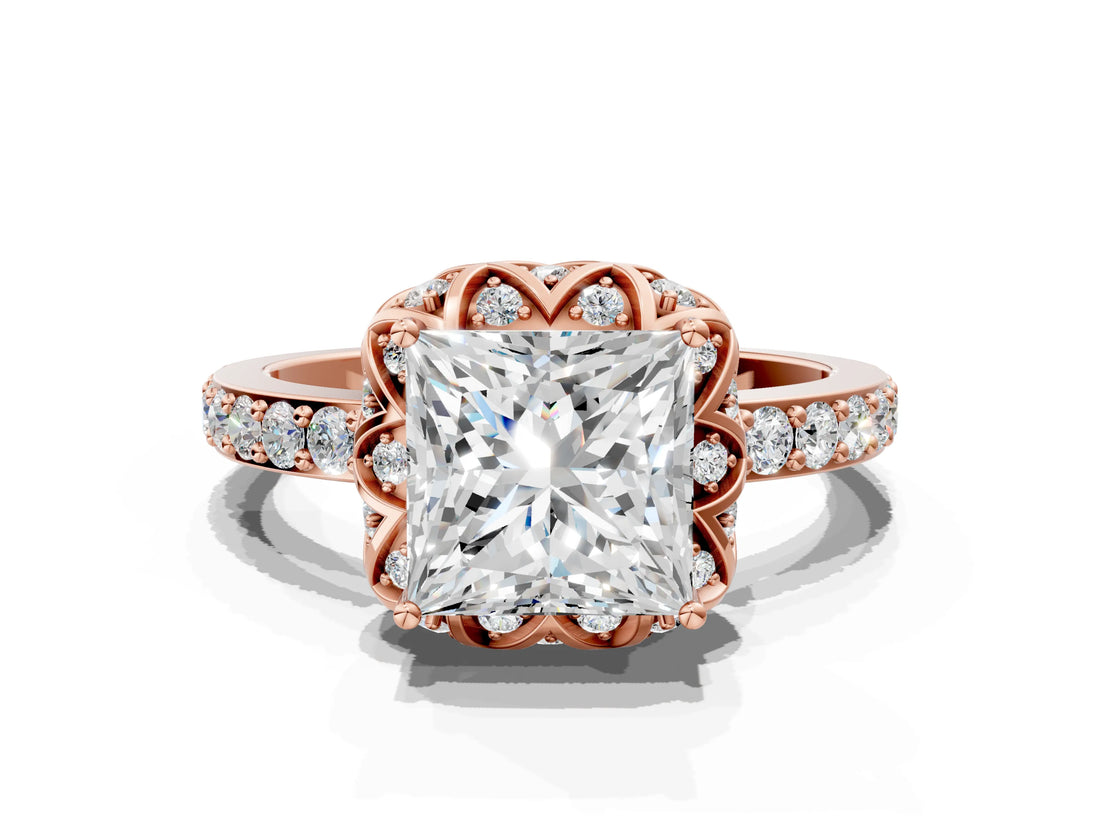 Rose gold Princess Cut Diamond Scalloped Halo Engagement Ring with Round Shared Prong Band_24