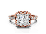 Rose gold Princess Cut Diamond Scalloped Halo Engagement Ring with Round Shared Prong Band_24