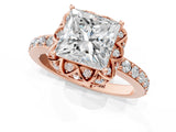 Rose gold Princess Cut Diamond Scalloped Halo Engagement Ring with Round Shared Prong Band_25