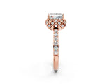 Rose gold Princess Cut Diamond Scalloped Halo Engagement Ring with Round Shared Prong Band_26