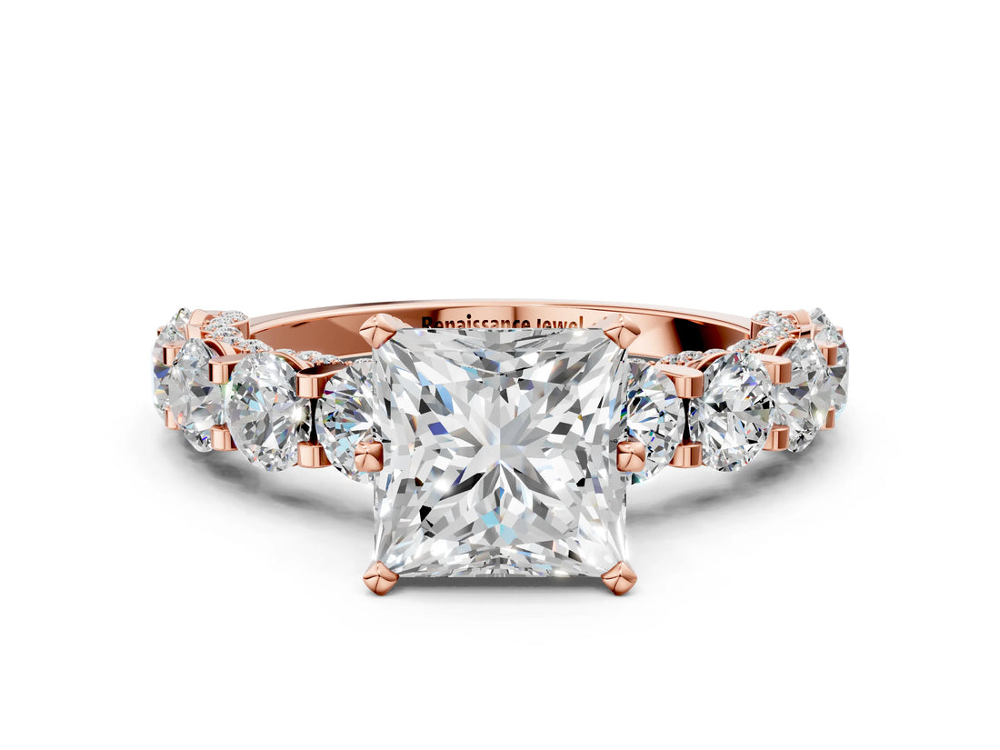 Rose gold Princess Cut Diamond Side Stone Engagement Ring with Four-Prong Setting_24