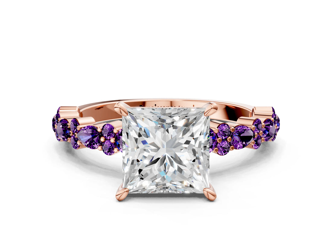 Rose gold Princess Cut Diamond Side Stone Solitaire Ring with Round with Amethyst side stone and Four-Prong Setting