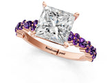 Rose gold Princess Cut Diamond Side Stone Solitaire Ring with Round with Amethyst side stone and Four-Prong Setting_1