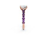 Rose gold Princess Cut Diamond Side Stone Solitaire Ring with Round with Amethyst side stone and Four-Prong Setting_2