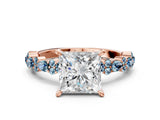 Rose gold Princess Cut Diamond Side Stone Solitaire Ring with Round with Aquamarine side stone and Four-Prong Setting