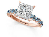 Rose gold Princess Cut Diamond Side Stone Solitaire Ring with Round with Aquamarine side stone and Four-Prong Setting_1