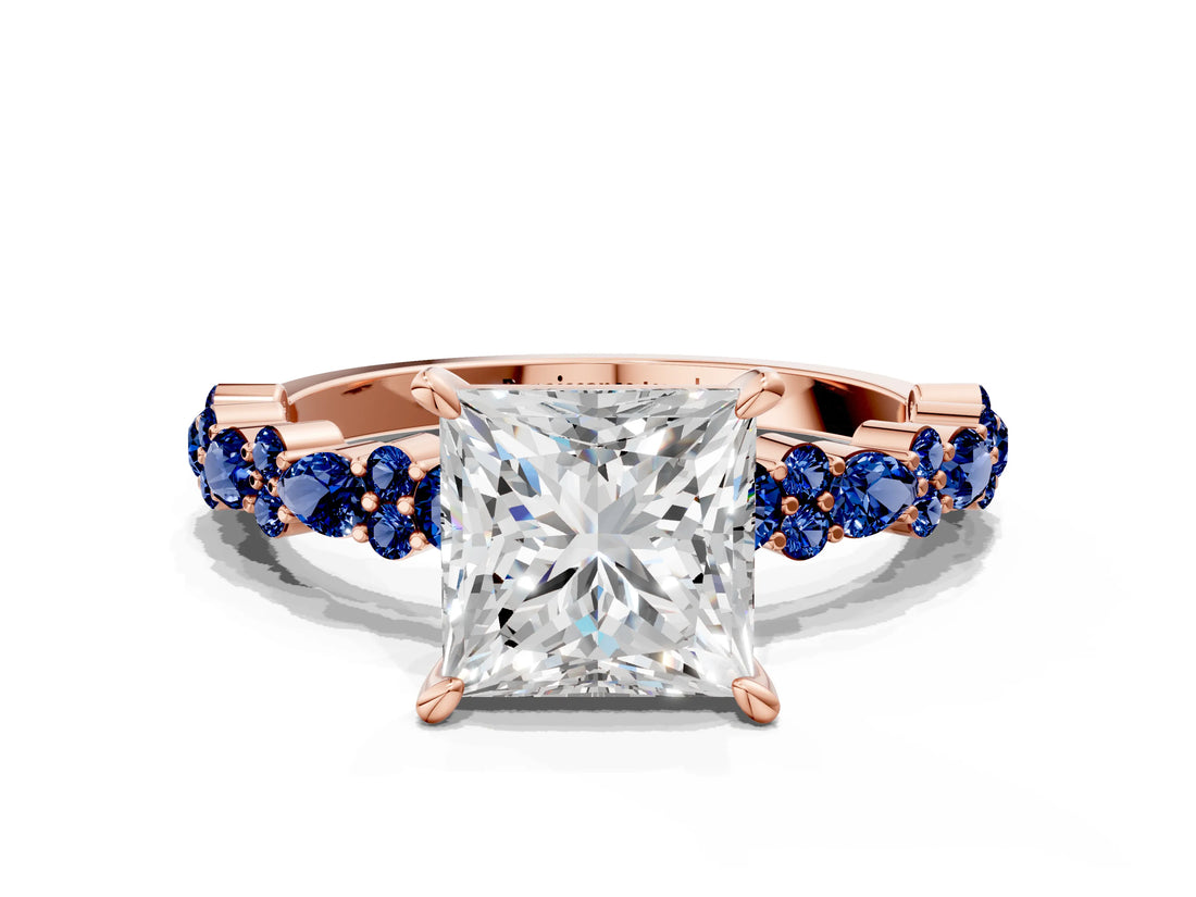 Rose gold Princess Cut Diamond Side Stone Solitaire Ring with Round with Blue Sapphire side stone and Four-Prong Setting