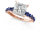 Rose gold Princess Cut Diamond Side Stone Solitaire Ring with Round with Blue Sapphire side stone and Four-Prong Setting_1