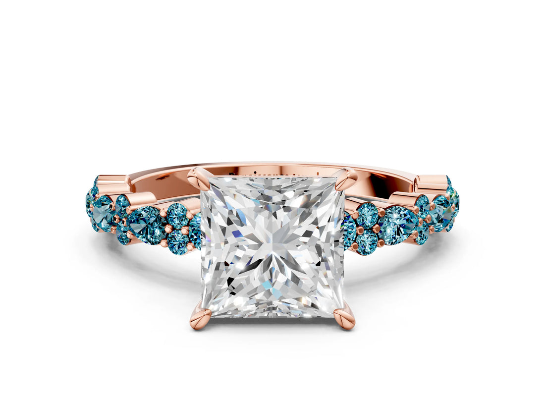 Rose gold Princess Cut Diamond Side Stone Solitaire Ring with Round with Blue Topaz side stone and Four-Prong Setting