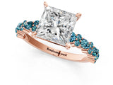 Rose gold Princess Cut Diamond Side Stone Solitaire Ring with Round with Blue Topaz side stone and Four-Prong Setting_1