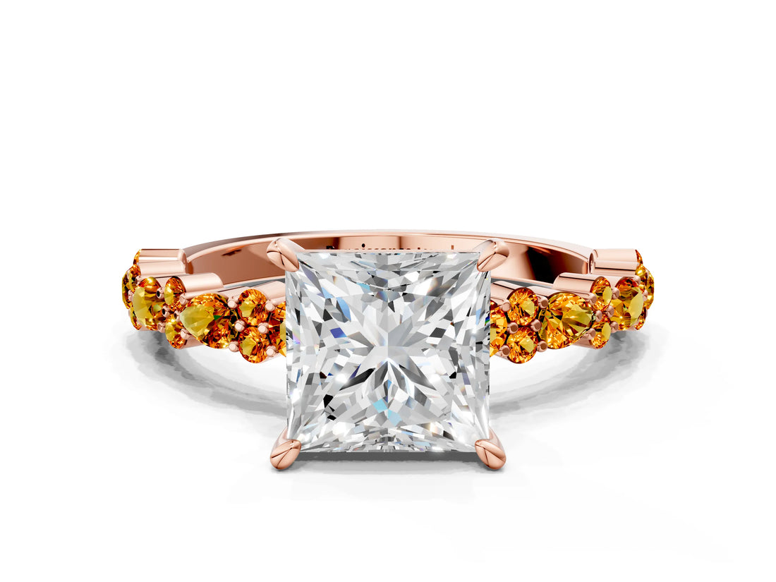 Rose gold Princess Cut Diamond Side Stone Solitaire Ring with Round with Citrine side stone and Four-Prong Setting