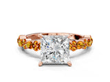 Rose gold Princess Cut Diamond Side Stone Solitaire Ring with Round with Citrine side stone and Four-Prong Setting