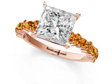 Rose gold Princess Cut Diamond Side Stone Solitaire Ring with Round with Citrine side stone and Four-Prong Setting_1