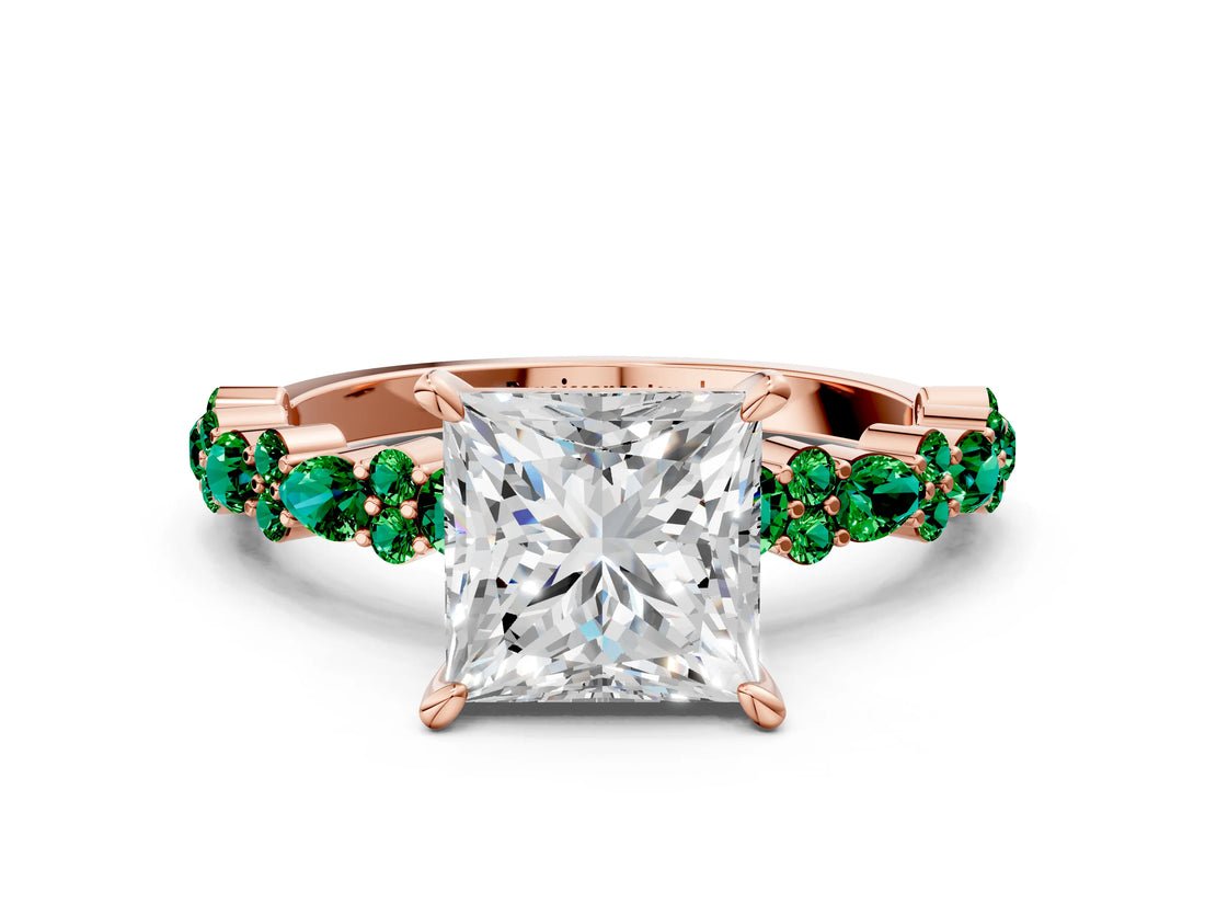 Rose gold Princess Cut Diamond Side Stone Solitaire Ring with Round with Emerald side stone and Four-Prong Setting