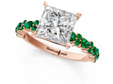 Rose gold Princess Cut Diamond Side Stone Solitaire Ring with Round with Emerald side stone and Four-Prong Setting_1