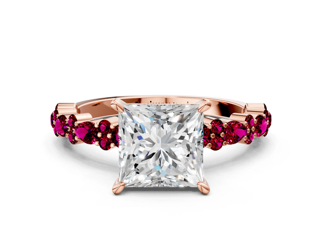 Rose gold Princess Cut Diamond Side Stone Solitaire Ring with Round with Garnet side stone and Four-Prong Setting