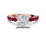 Rose gold Princess Cut Diamond Side Stone Solitaire Ring with Round with Garnet side stone and Four-Prong Setting