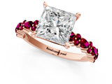 Rose gold Princess Cut Diamond Side Stone Solitaire Ring with Round with Garnet side stone and Four-Prong Setting_1